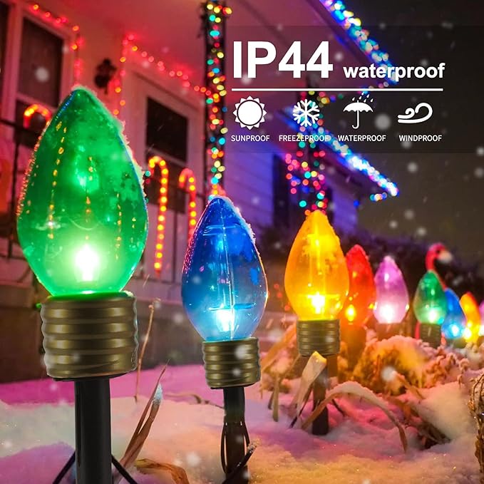 Christmas Lights Jumbo C9 Outdoor Lawn Decorations with Pathway Marker Stakes, 8.5ft C7 Lights Covered Jumbo Glitter Multicolor Bulb for Holiday Outside Yard Garden Decor, 5 Lights