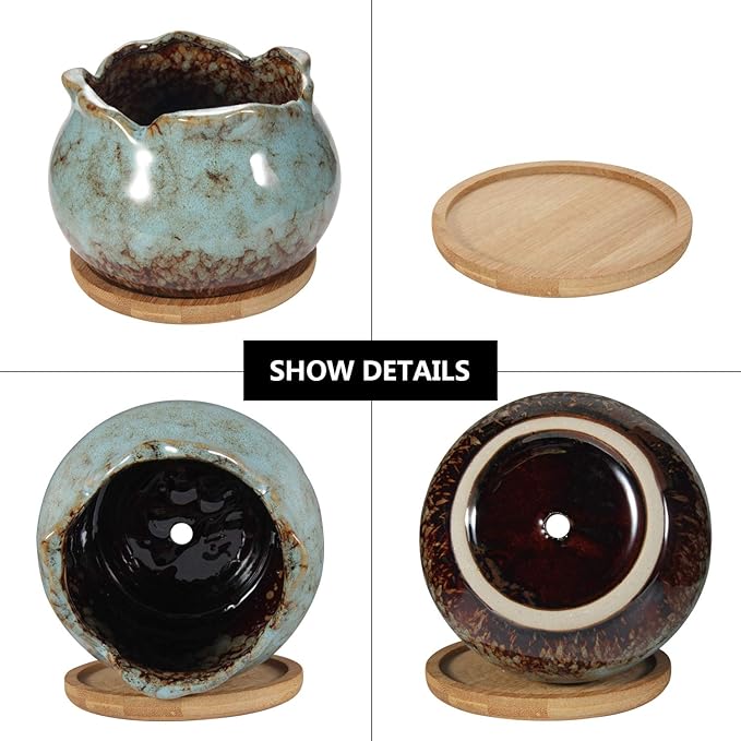 Laerjin Succulent Pots, 4 Inch Ceramic Plant Pots and Drainage Hole with Bamboo Tray, Colorful Flower Planter Pot, Pack of 6, Plants Not Included