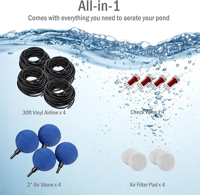 Pond Air Pump Pond Aerators for Outdoor Ponds up to 2000 Gallons, Flow Adjustable Pond Aerator Pump All-in-One Pond Aeration Kit with Airline Tubing Air Stones Check Valves