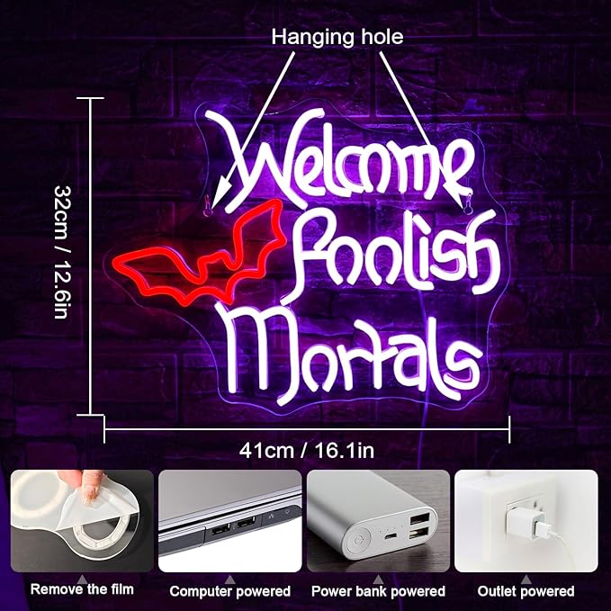 Welcome Foolish Mortals Neon Sign Halloween LED Neon Signs for Wall Decor Halloween Neon Light USB Light Up Sign for Halloween Decor Halloween Party Decoration,Door,Windows,Bar,Man Cave