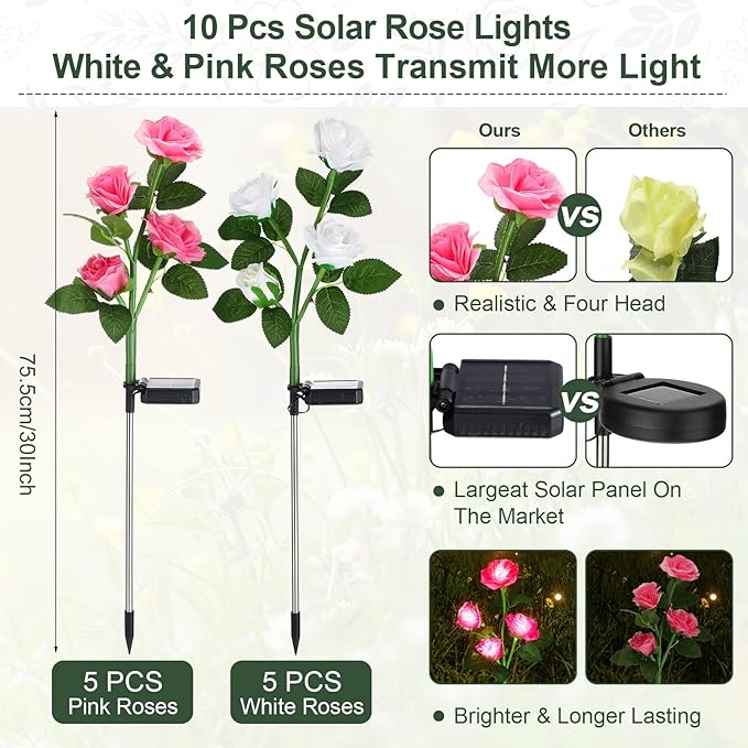 Geelin 10 Pcs Solar Rose Lights Outdoor Waterproof Solar Flower Lights with 40 Rose Flowers 7 Color Changed Decorative Solar Landscape Light for Weeding Garden Yard Patio Pathway Walkway