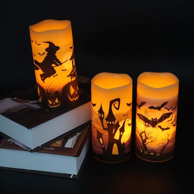 Halloween Real Wax LED Flameless Flickering Candles with 6H Timer, 3 Pcs Pillar Battery Operated Candle Sticks with Halloween Decal for Home Decor(3”x6”)