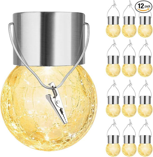 MAXvolador 12-Pack Hanging Solar Lights, Decorative Cracked Glass Ball Light, Solar Powered Waterproof Globe Lighting for Garden, Tree(Warm White)