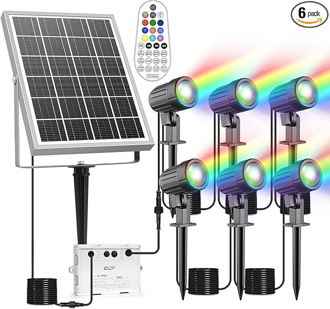 CLY Solar 6 in 1 RGB Spotlights Outdoor Garden, 10 Colors 12 Modes Solar Garden Floodlight Landscape Spotlights IP66 Waterproof 59.06ft Cable Spike Light for Lawn, Patio, Balcony