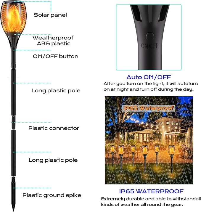 Upgraded Larger Solar Torch Lights, 43" Flickering Flame Solar Lights, Waterproof Outdoor Solar Landscape Decoration Lighting 96 LED Auto On/Off Garden Patio Yard Pathway,Black 4 Pack (4)