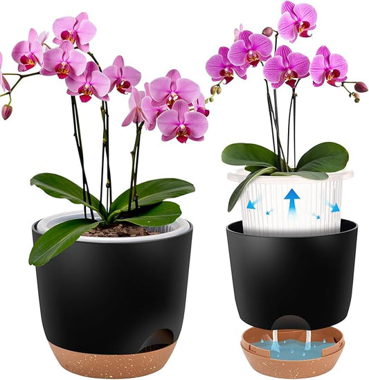 7.2 Inch Self Watering Orchid Pots for Indoor Plants,Macetas para Orqudeas,Flower Pots for Indoor Plants with Holes(Black)