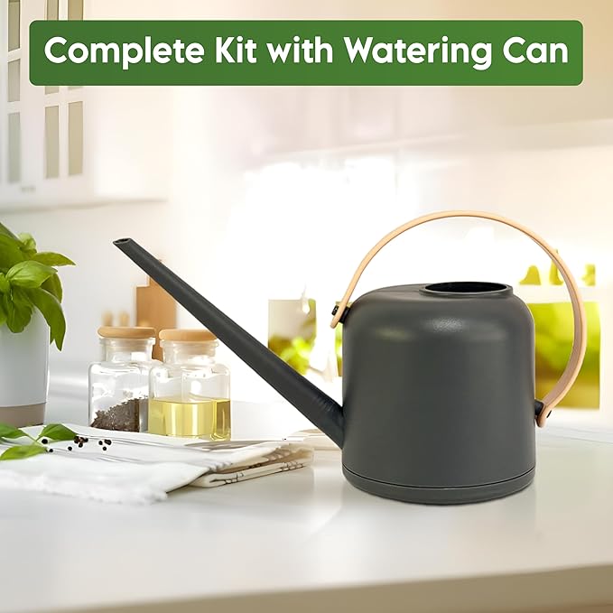 Indoor Garden Kit - Plant Pots with Drainage, Watering Can & Tools - Ideal Windowsill Planter Set - Modern Home & Kitchen Decor Gift - White