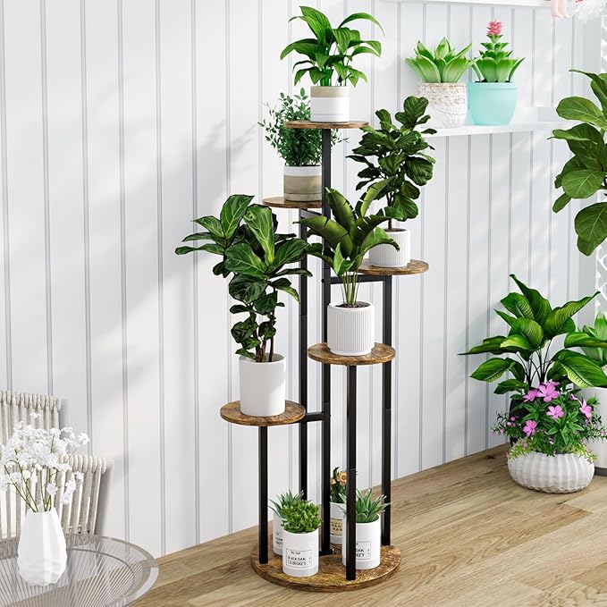 Plant Stand Indoor 6 Tier 9 Potted Multiple Flower Pot Holder for Patio Garden Balcony Living Room Corner (6 Tier Black+Rustic Brown)