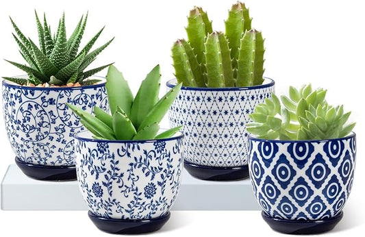 Ceramic Succulent Planter Pots - 3.5 Inch Small Flower Pot with Drainage Holes and Saucers for Indoor Plant, Cactus, Herbs, Outdoor Plants, Home Decor, Set of 4, Vintage Blue