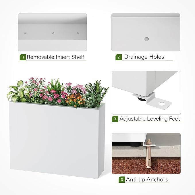 Stoog 38" Large Planters for Outdoor Plants Set of 2, All-Weather Rectangular Metal Planter Box with Removable Insert Shelf, Ideal for Plants, Flowers, Vegetables, Garden, White
