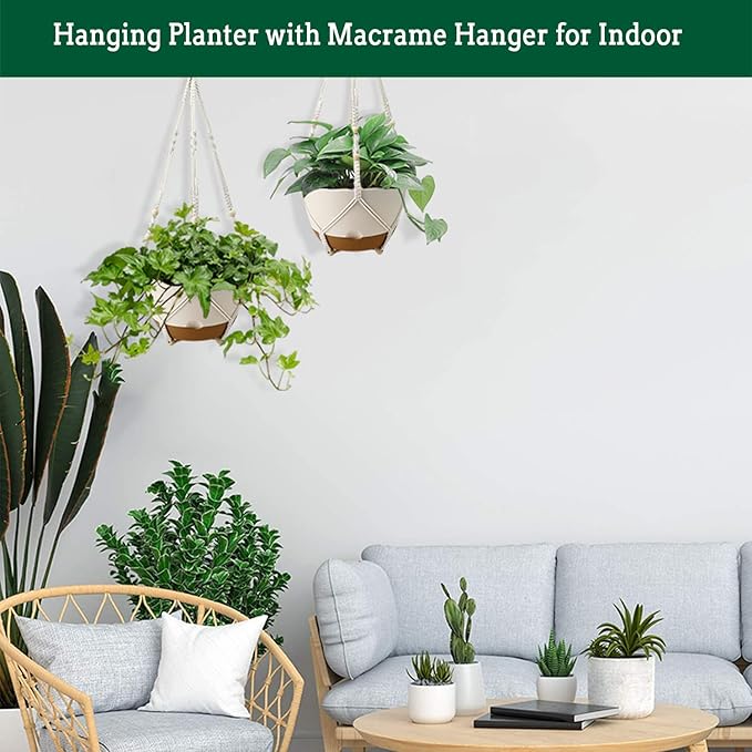 Hanging Planter Self Watering 10 Inch, 2 Pack Indoor Outdoor Hanging Baskets, Hanging Flower Pots with Drainage Hole & 2 Kinds of Plant Hangers for Garden Home Decor(Cream)…