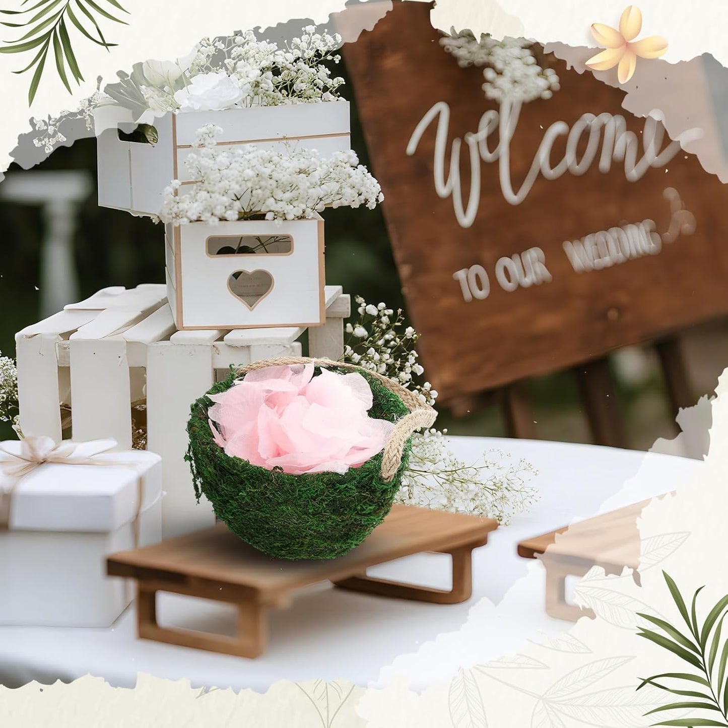 Leinuosen 1 Pcs Wedding Flower Baskets, Moss Style Small Baskets with Handles for Gifts Wedding Floral Decoration Flowers Petal Candy Storage and Home Decoration