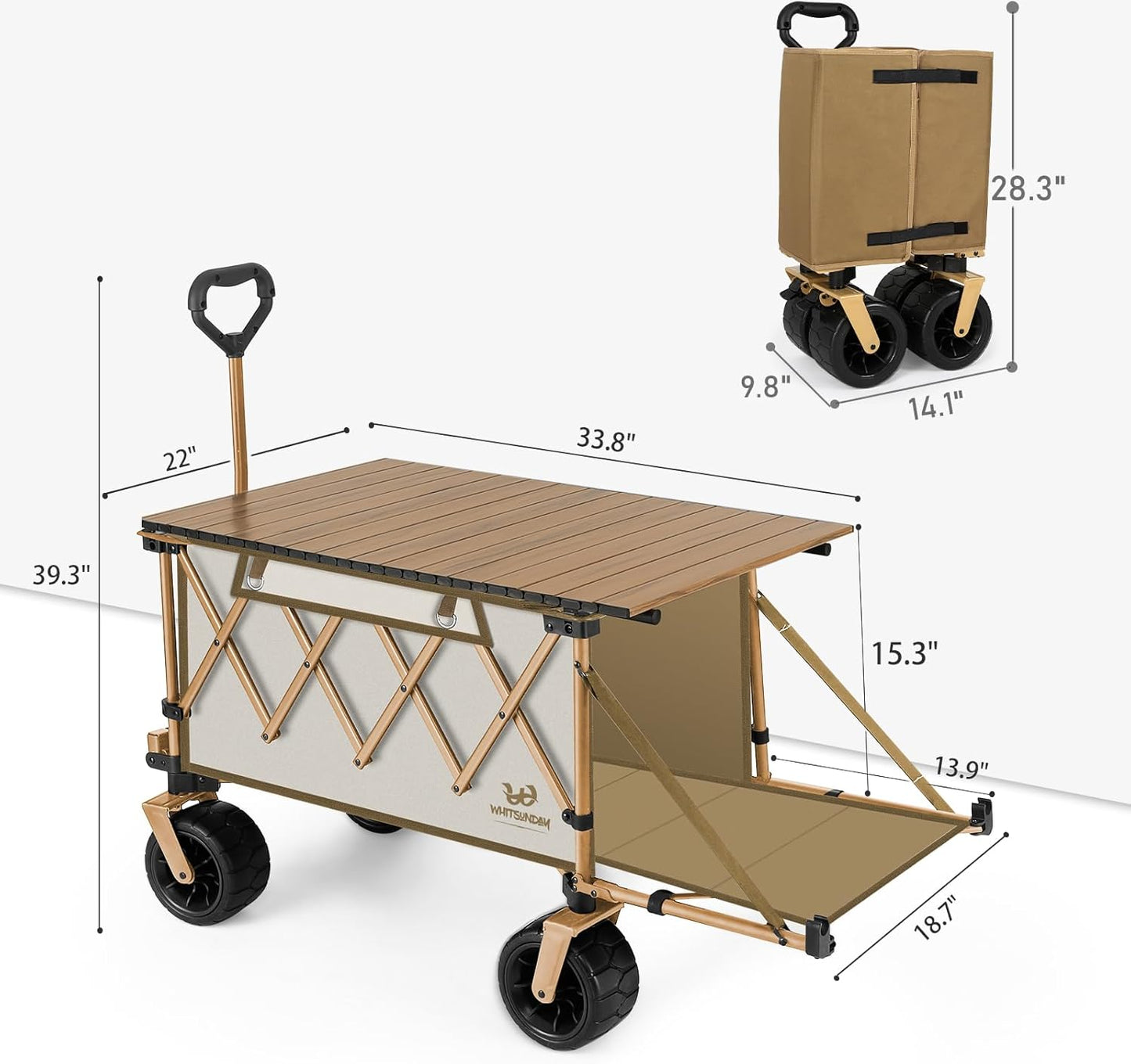 Whitsunday Collapsible Folding Wagon with Table,Heavy Duty Utility Beach Wagons with Opened Tailgate and All-Terrain Wheels for Camping,Garden,Sports Beige