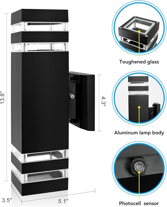 4 Pack LED Up Down Porch Wall Light, Modern Dusk to Dawn Outdoor Lighting, Aluminum IP65 Waterproof Exterior Light Fixture, Square Wall Light Sconce for Patio House