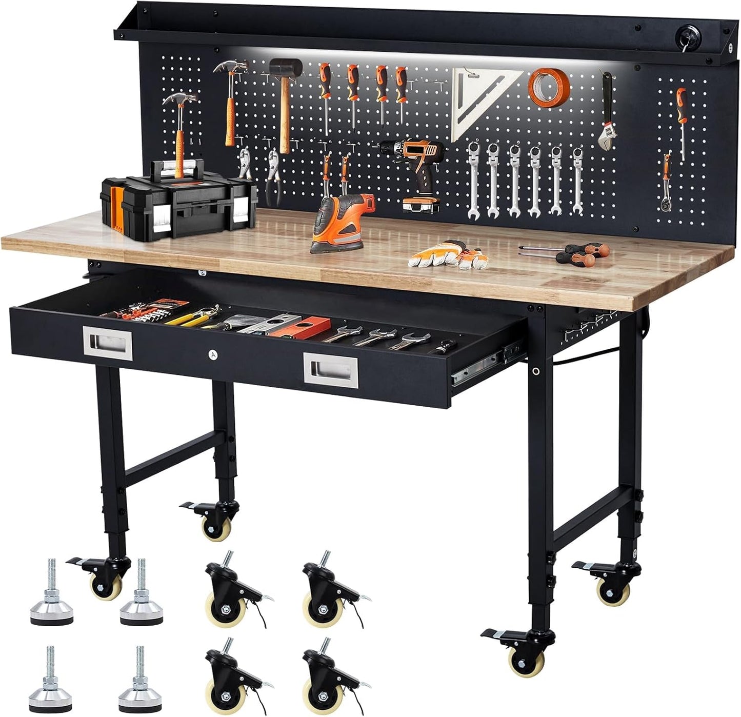 60'' Adjustable Workbench, Heavy Duty Workbench with Drawer and Backplate, 2000 LBS Capacity Work Table with Power Outlet and Lockable Wheels, Suitable for Office, Garage, Workshop
