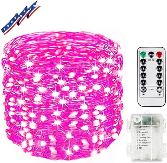 66Ft 200LED Fairy Lights Battery Operated with Remote, Waterproof Christmas String Lights with Timer for Indoor & Outdoor, Twinkle Light for Girl's Room Honeymoon Mother's Day Valentines Decor (Pink)