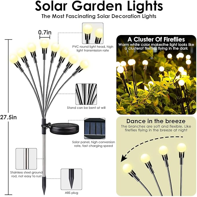 2025 Solar Lights Outdoor Waterproof, 4 Pack Solar Garden Lights, Solar Firefly Lights Outdoor Waterproof, Solar Twinkle Swaying Fairy Light for Pathway Yard Garden Christmas Decorations (Warm White)