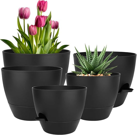 Plant Pots 10/9/8/7.5/7 Inch Self Watering Pots, Set of 5 Plastic Planters with Drainage Holes and Saucers,Plastic Flower Pots,Nursery Planting Pot for Indoor Out Door Plants(All Black)