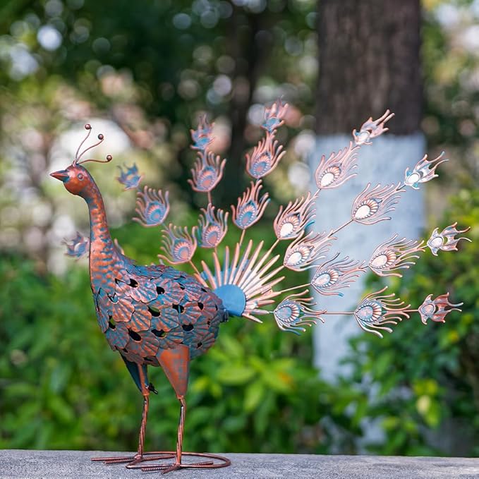 VEWOGARDEN Peacock Outdoor Statues Metal Peacock Tail Spread Garden Sculptures & Statues for Yard Lawn Patio Pool Outside Decorations, Blue & Bronze
