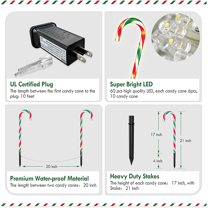 WeGuard 10PK Christmas Candy Cane Pathway Lights Outdoor Decorations 21" 8 Lighting Modes Flashing Waterproof Outdoor Lighted Christmas Decor for Garden Yard (Red&Green)