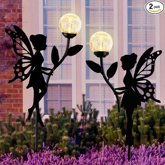 Ouddy Decor 2 Pack Solar Fairy Garden Decor, Metal Statues with Crackle Glass Globe Lights Silhouette Waterproof for Outdoor Lawn Patio Yard Pathway Home Decorations Gardening Gifts for Mother's Day