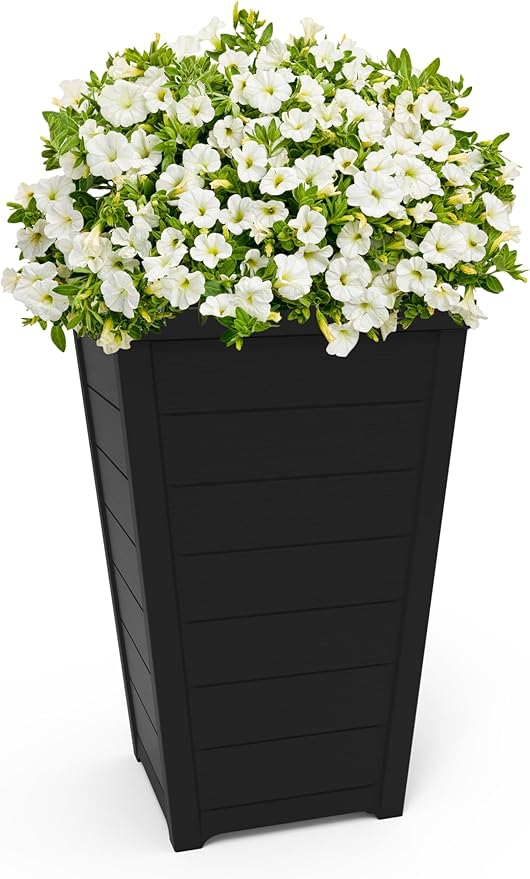 Keter Set of 2 Resin Modern Outdoor 22 Inch Tall Large Flower Pots, Tapered Wood Look Planters for Outdoor Plants and Front Porch Decor, Graphite