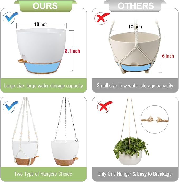 Self Watering Hanging Planters 10 inch, 2 Pack Hanging Baskets for Indoor Outdoor Plants, Hanging Flower Pots with Drainage Holes & 2 Kinds of Plant Hangers for Garden Home Décor, White Brown
