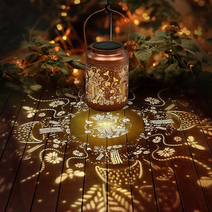 Mushroom Solar Lanterns Outdoor Waterproof Hanging Solar Lights Gifts for Women Mom Metal LED Decorative Lantern for Yard Patio Pathway,Porch，Landscape,Lawn Garden Decor for Outside