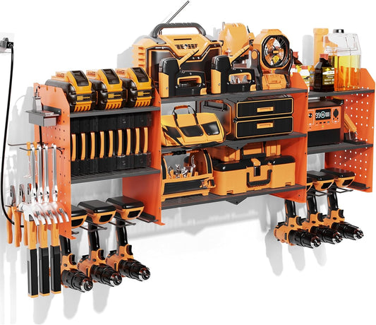 Power Tool Organizer Wall Mount, Expanded Width Garage Storage 3 Layer Heavy Duty Power Tool Storage Rack, 45.5" Battery Tools Holder with Charging Station Shelf