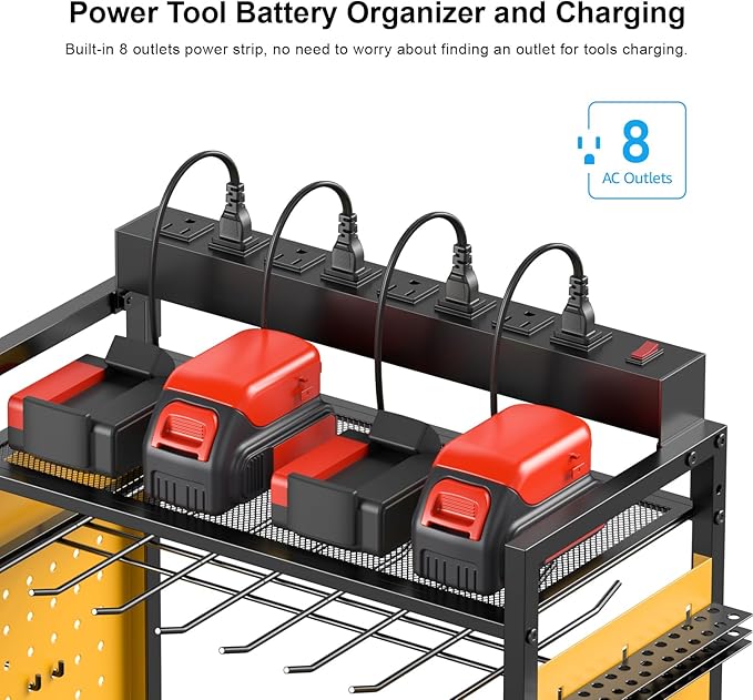 CCCEI Garage Power Tools Organizer Cart with Charging Station, Black Floor Standing Rolling Drill and Tools Battery Storage Cart on Wheels. Yellow Utility Rack Gift for Men, Husband, Father.