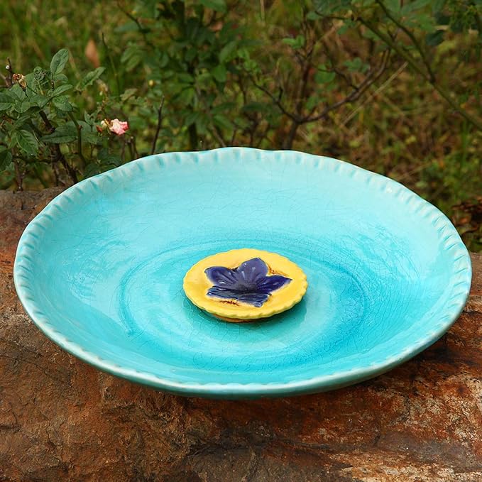 Topadorn Birdbath Ceramic Bowl Decor for Bee Bird Bath Outdoor Garden Vintage Yard,Blue with Yellow Flower