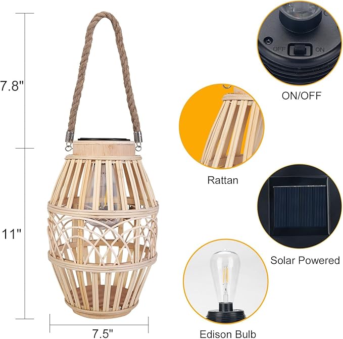 pearlstar Outdoor Solar Lanterns Light Rattan Natural Lantern with Handle for Hanging or Table Lamp for Patio Yard Garden Wedding Home Decoration, Edison Bulb, Auto on/Off (Style3)