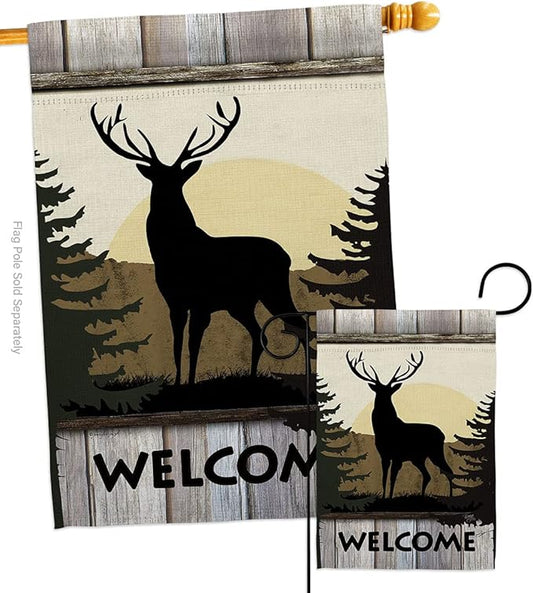 Welcome Deer Garden House Flags Set Animals Wildlife Outdoor Bear Wolf Pet Nature Farm Animal Creature Small Decorative Gift Yard Banner Made In USA 28 X 40