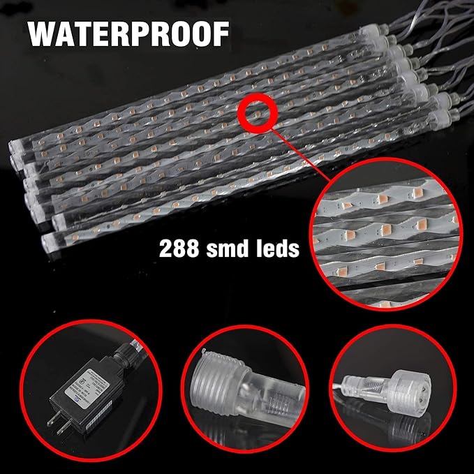 TW SHINE Christmas Meteor Shower Lights Outdoor, 864 LED 12" 24 Tubes Waterproof Christmas Lights Outdoor Plug in, Snow Falling Rain Icicle Xmas Lights Decorations, White