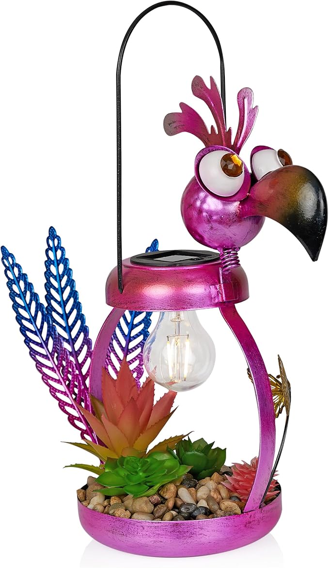 Alpine Corporation LYT288SLR-HH Solar-Powered Metal Flamingo w/Garden Enclosed LED Light, Solar Patio Décor, 16''H, Pink