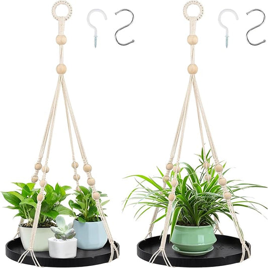 SUREAM 2 Packs Indoor Outdoor Hanging Plant Holder, Plant Holder Shelf with Large Tray, Plant Hanging Basket for Indoor Outdoor Plants, Window Wall Ceiling Home Decor (No Plant/Pot Included)
