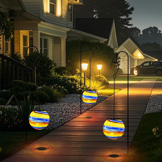Colorful Hanging Solar Lanterns Outdoor Waterproof 4.7" Glass Solar Golbe Lights with Metal Chain,Gazing Ball Garden Decorative Lanterns for Patio Pathway Porch Yard Decor