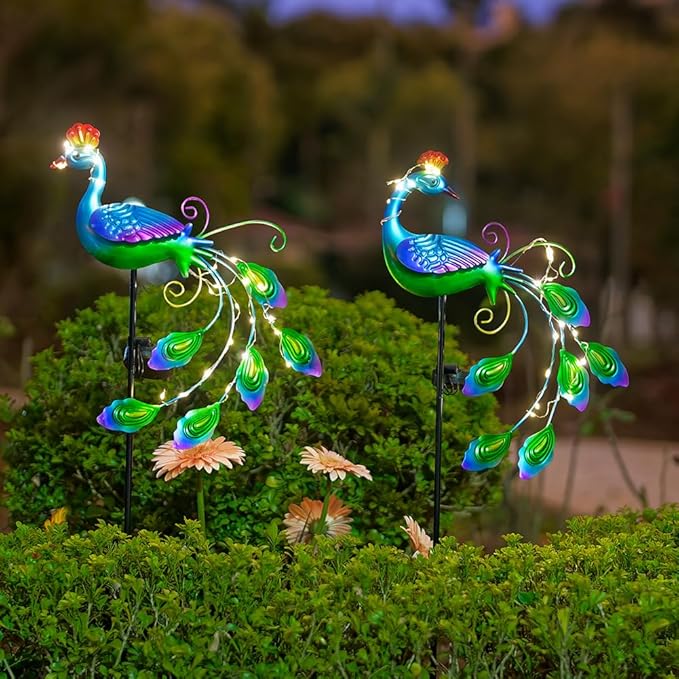 DREAMSOUL 2 Pack Peacock Solar Lights Outdoor Waterproof, Metal Outdoor Solar Lights for Yard Garden Peacock Decor