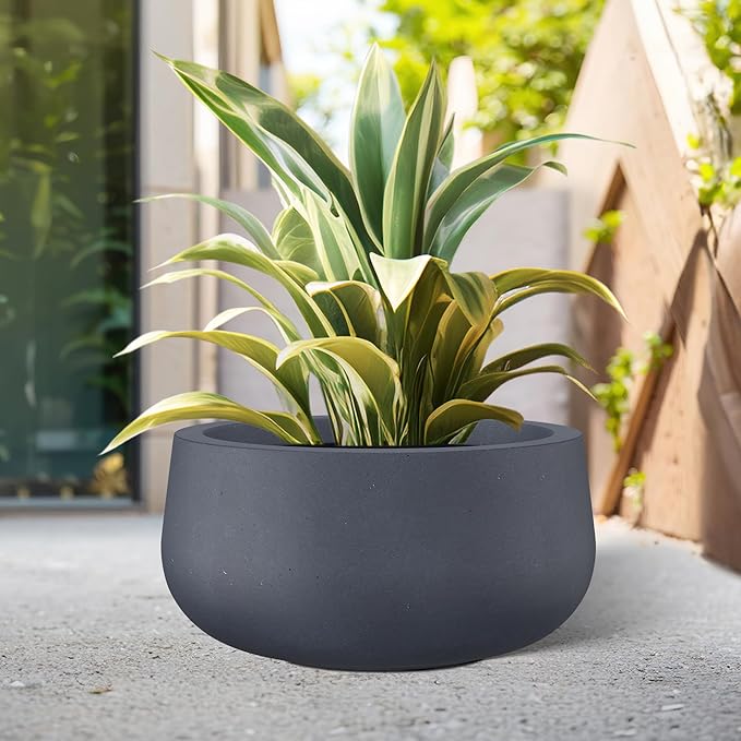 Kante 19.6" Dia Round Concrete Planter, Cement Plant Pots with Drainage Hole and Rubber Plug for Outdoor Indoor Garden Home, Modern Curvaceous Design, Dark Gray