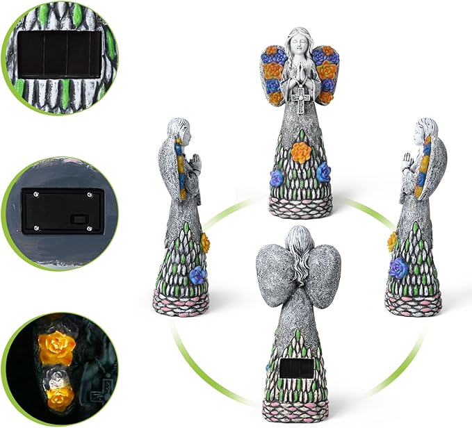 Yiosax-Garden Angels Outdoor Statue-Solar Lights Decor - Solar Angels for Cemetery Grave Cross Praying Succulent Wings Remembrance Angel Figurine Lawn Yard Decorations, White, Yiosax-Angel04