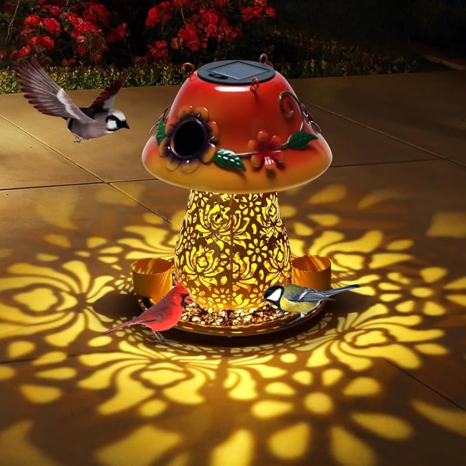 Mushroom Solar Bird Feeders for Outdoors Hanging Metal Wild Bird Feeder Garden Lantern with S Hook for Garden Decoration Orange