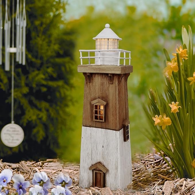 Wooden Lighthouse Decor with Light, Decorative Nautical Lighthouse Rustic Ocean Sea Beach Themed Lighthouse Decoration, Handcrafted Tabletop Nautical Themed Home Decor Bathroom Decor (13.78“H)