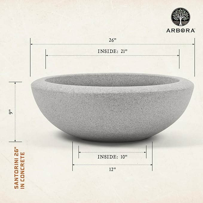 ARBORA 26" Santorini Bowl 2-Pack with Stone Blend Concrete Gray Finish - Polyresin Indoor and Outdoor Planters, Durable, Weatherproof, Lightweight, Large Plant Pots for Patio, Garden, Deck, Entryway