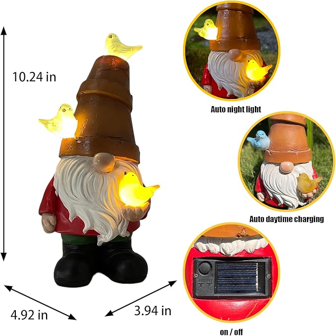 Solar Garden Gnome Figurine, Cute Resin Gnome Sculpture, Garden Gnome Statues Outdoor Decor, Funny Gnome Gift Sculpture Decoration for Home Patio Yard Lawn Porch Ornament