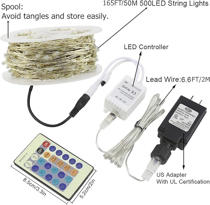 RUICHEN Blue Dimmable Fairy Lights Plug in, Super Long 165 Ft 500 LED Twinkle String Lights with Remote, Waterproof Silver Wire Firefly Lights for Christmas Wedding Party Bedroom Patio Garden