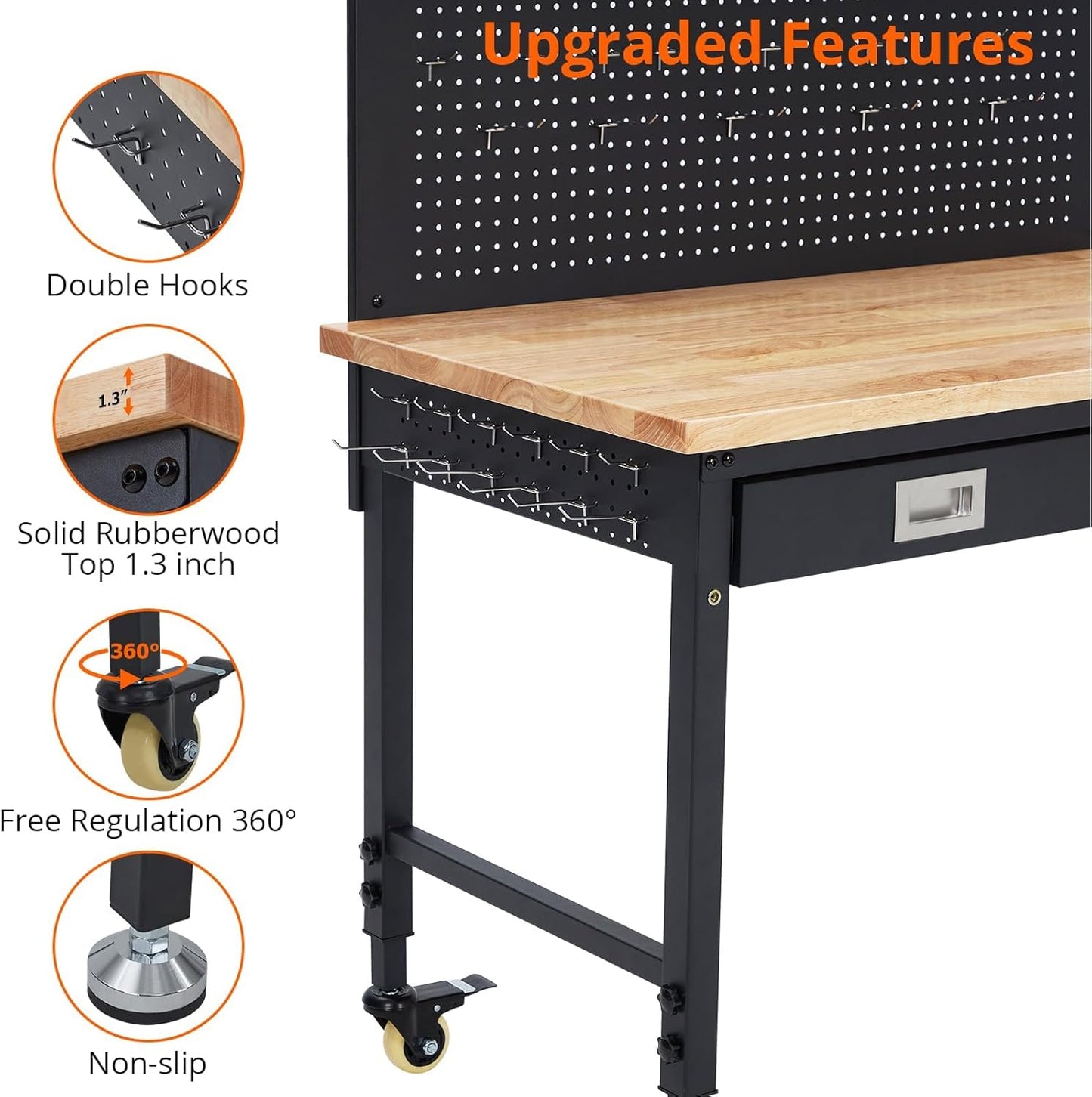 48x24 Inch Heavy-Duty Adjustable Workbench with Rubber Wood Top – 2000LB Capacity Mobile Garage Workstation with Drawer&Backplate, Ideal for Workshop, DIY & Tool Storage