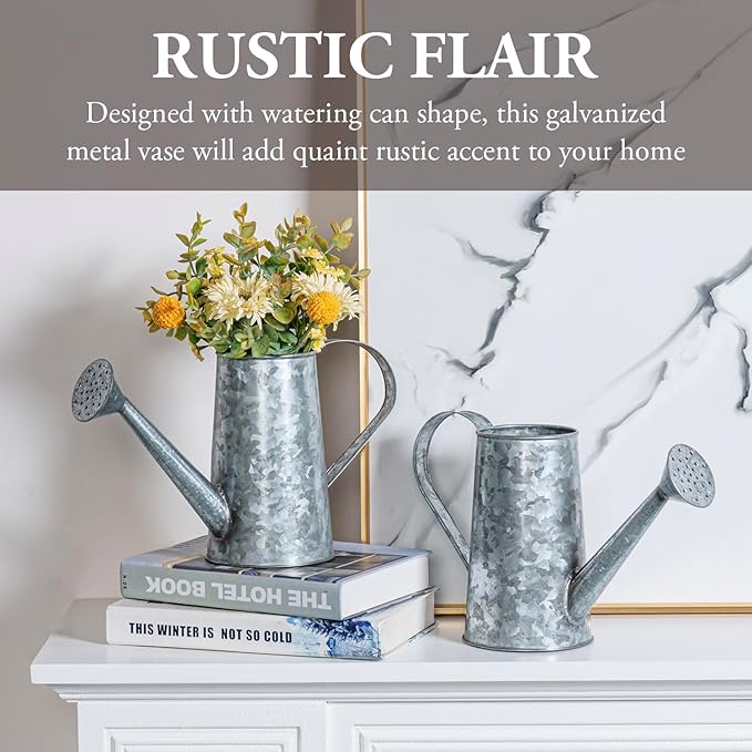 MyGift 7 Inch Small Rustic Galvanized Metal Decorative Vases in Vintage Style Watering Can Design for Dried Flowers and Artificial Plants, Set of 2 - Handcrafted in India