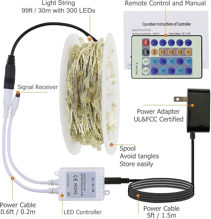 RUICHEN Warm White Dimmable Fairy Lights Plug in, 99 Ft 300 LED Twinkle String Lights with Remote, Waterproof Silver Wire Firefly Lights for Bedroom, Patio, Yard, Christmas, Wedding, Party