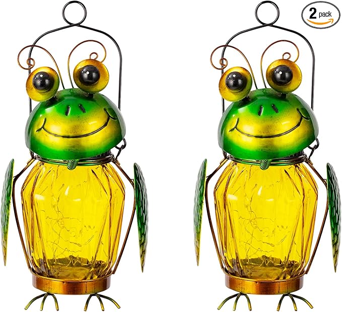 2 Pack Solar Lanterns Outdoor Waterproof Frog Hanging Solar Lantern, LED Glass Jar Outdoor Lanterns, Garden Lantern Lights for Yard Tree Table Xmas Metal Decoration
