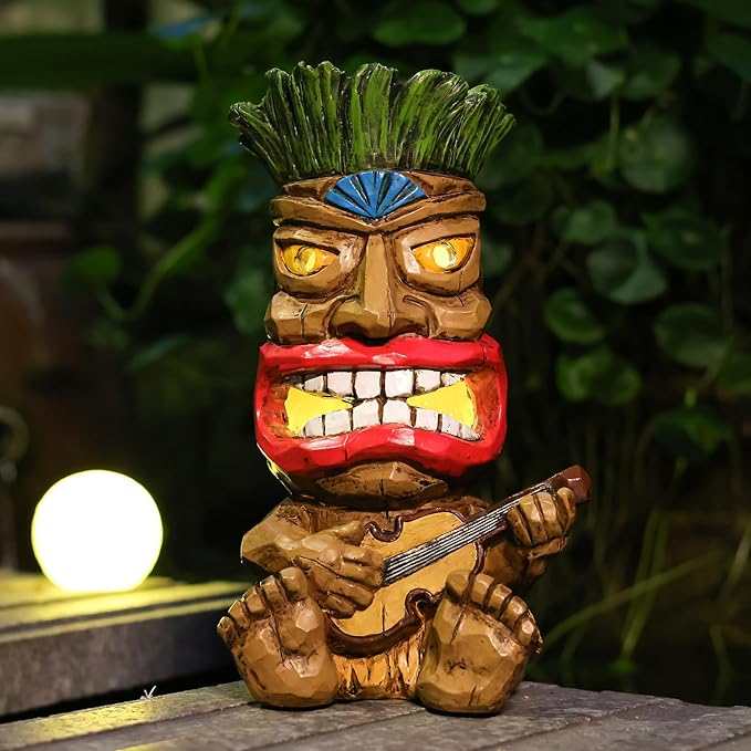 Solar Tiki Statue Outdoor Decor-Garden Guitar Tiki Statues-Tiki Bar Decorations for Outdoor Patio Yard Lawn Balcony Bar Party,Waterproof Garden Sculpture 10.35 Inch Tall